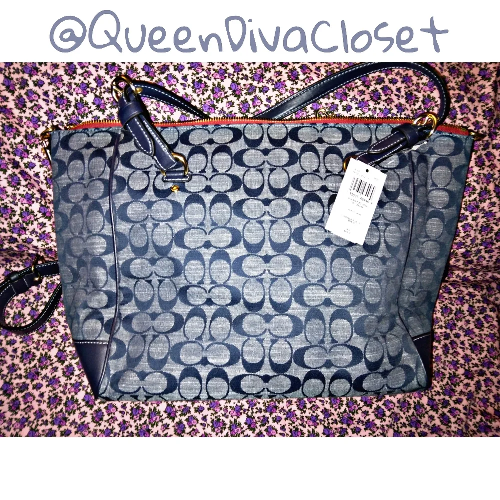 New Coach kleo carryall denim signature chambray tote bag purse - Picture 9 of 12